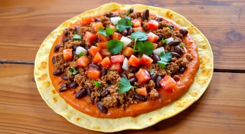 Tortilla base, refried beans, and seasoned meat Tortilla base, refried beans, and seasoned meat