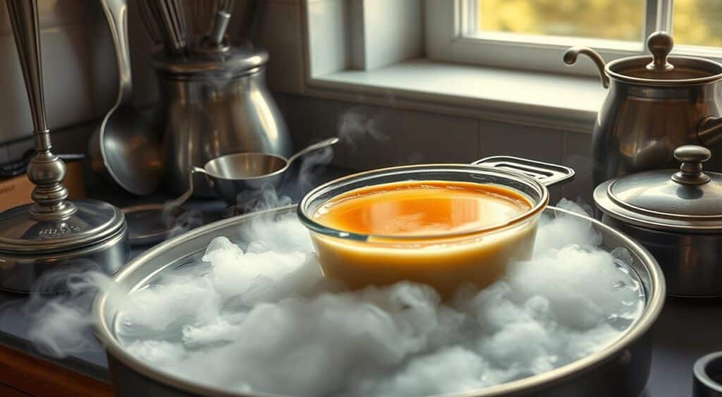 Why is creme brulee cooked in a water bath?