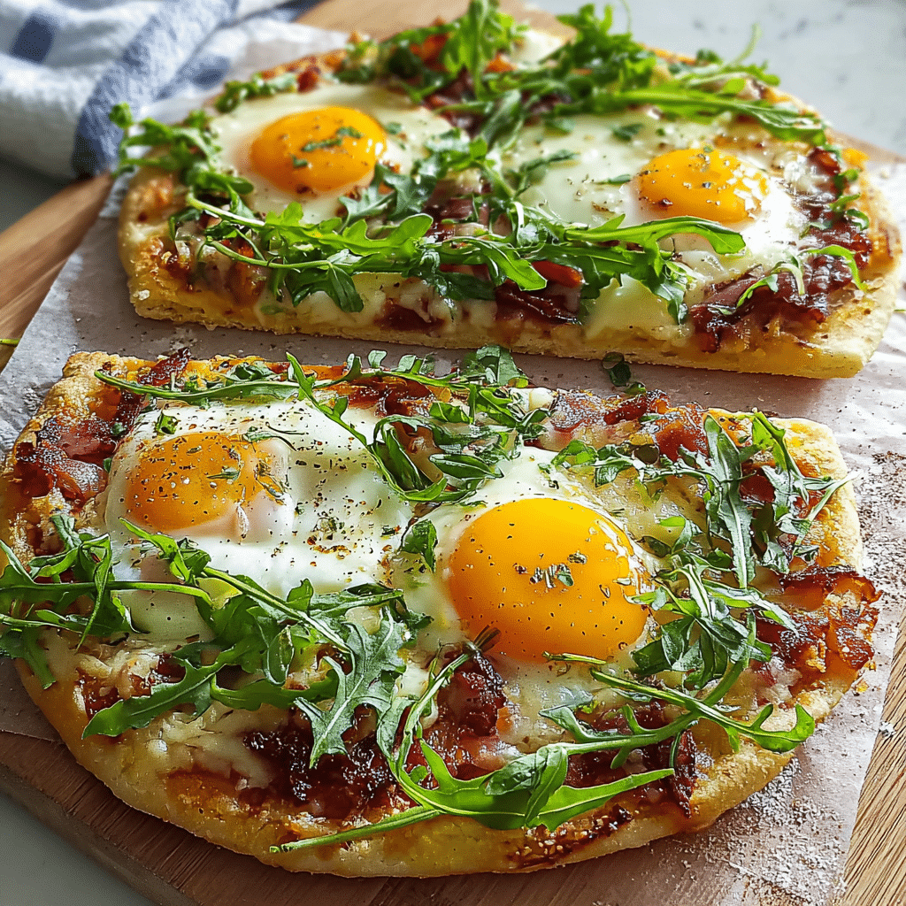 breakfast pizza arugula food photograph 2