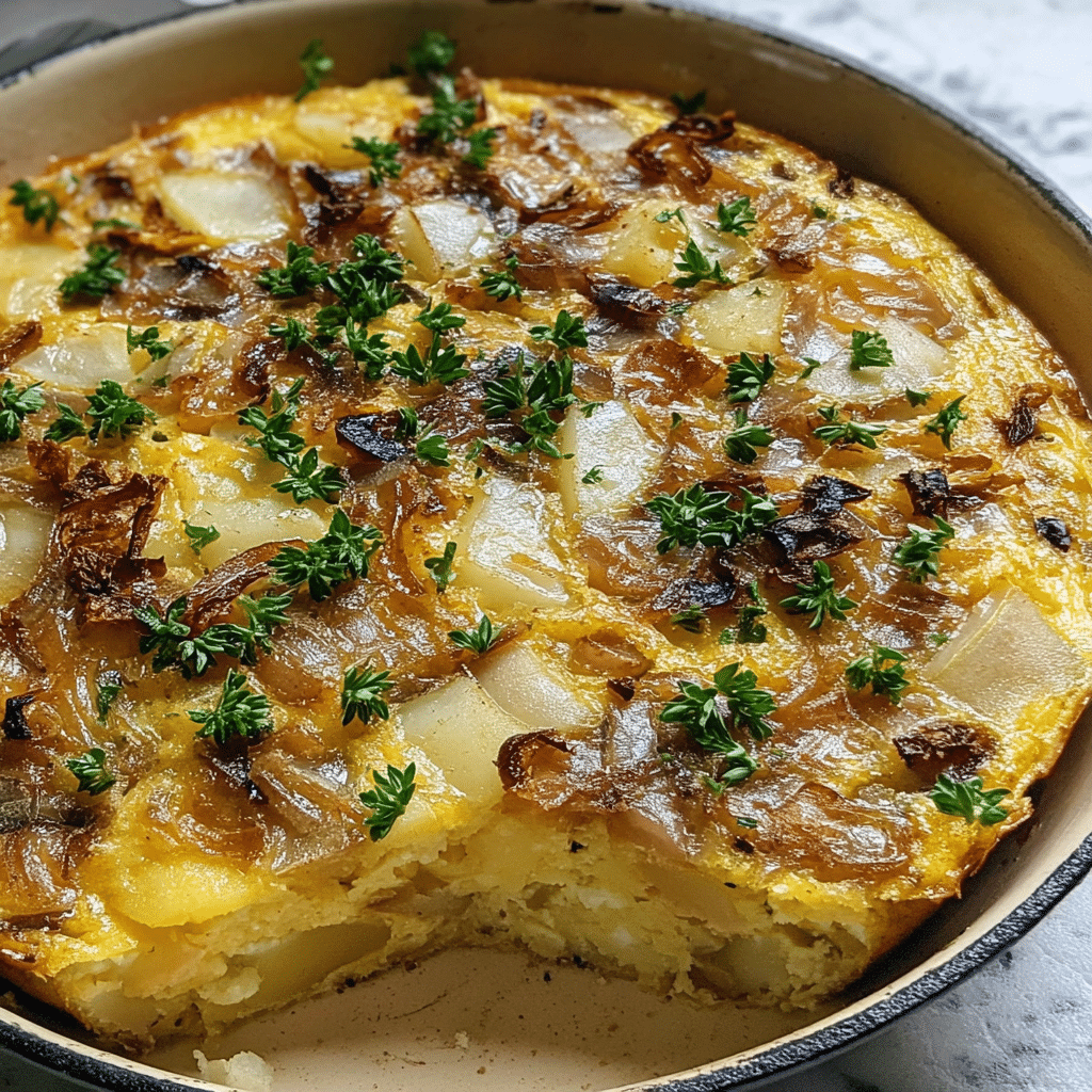 caramelized onion potato frittata food photograph 2