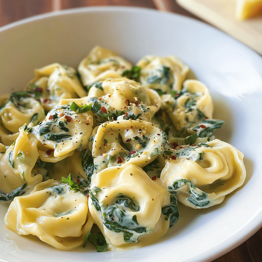 creamy spinach tortellini food photograph 2