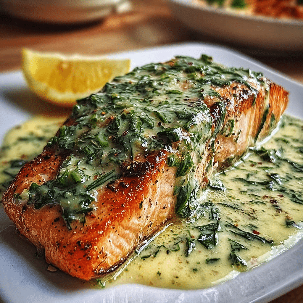 baked salmon creamy spinach food photograph 3