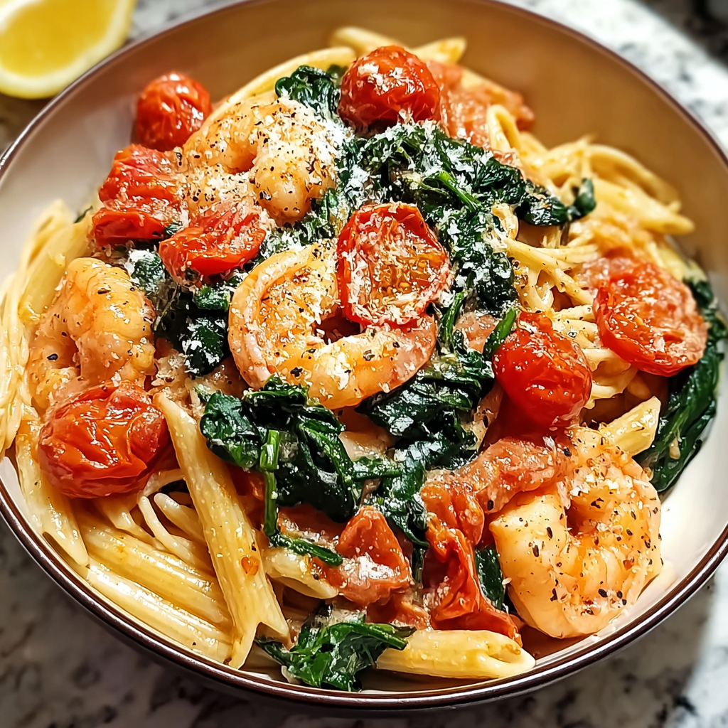 creamy tomato spinach pasta food photograph 3