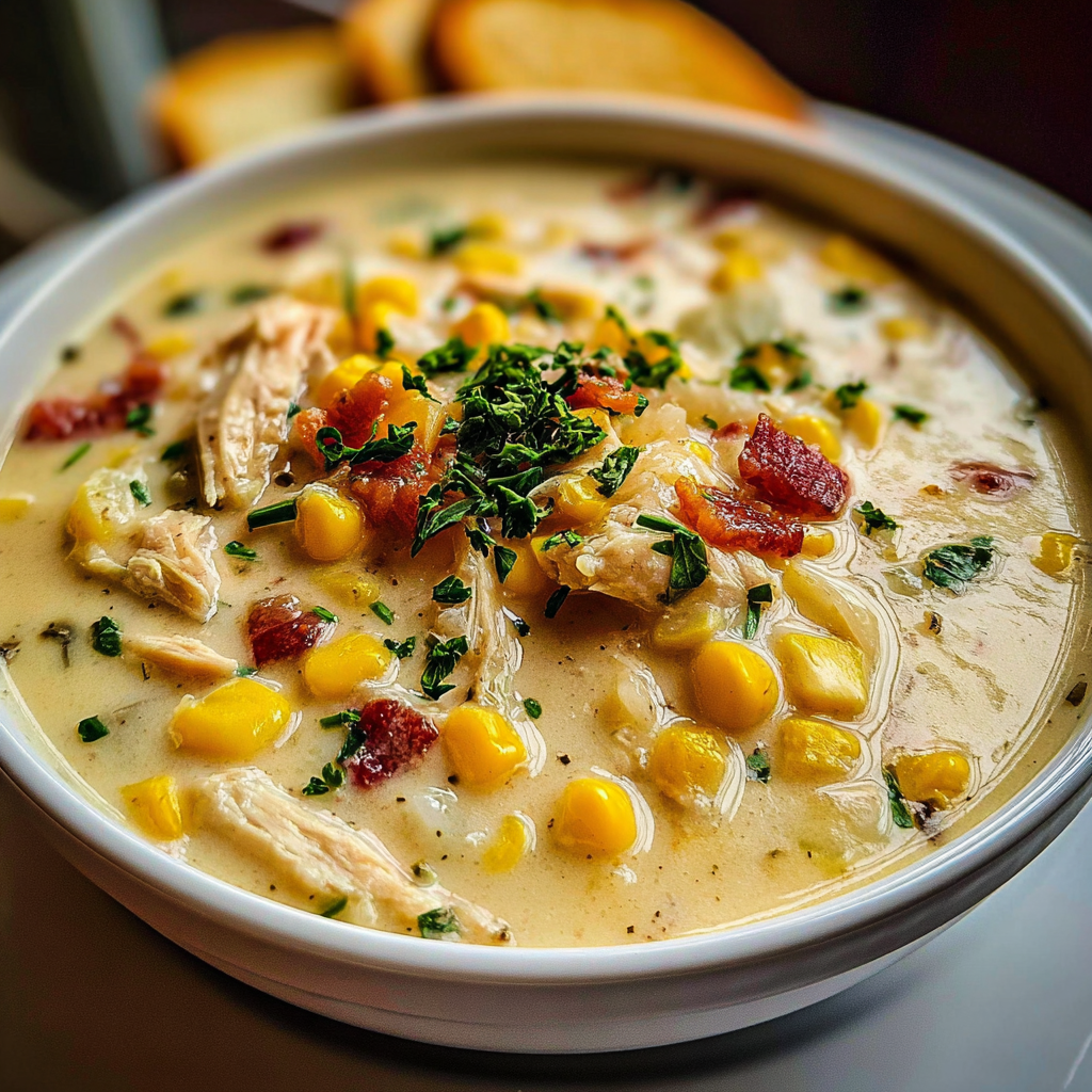 chicken corn chowder food photograph 1