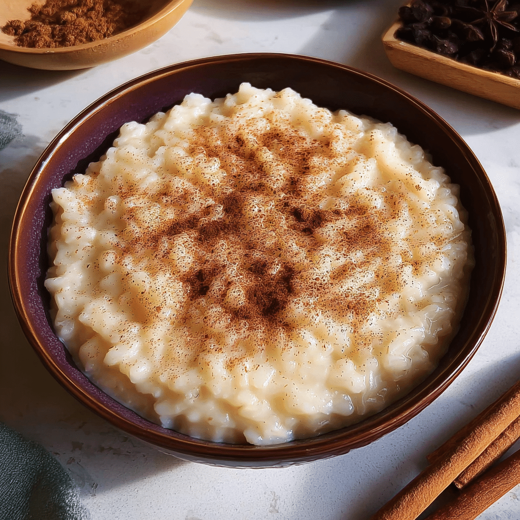 cinnamon rice pudding food photograph 3