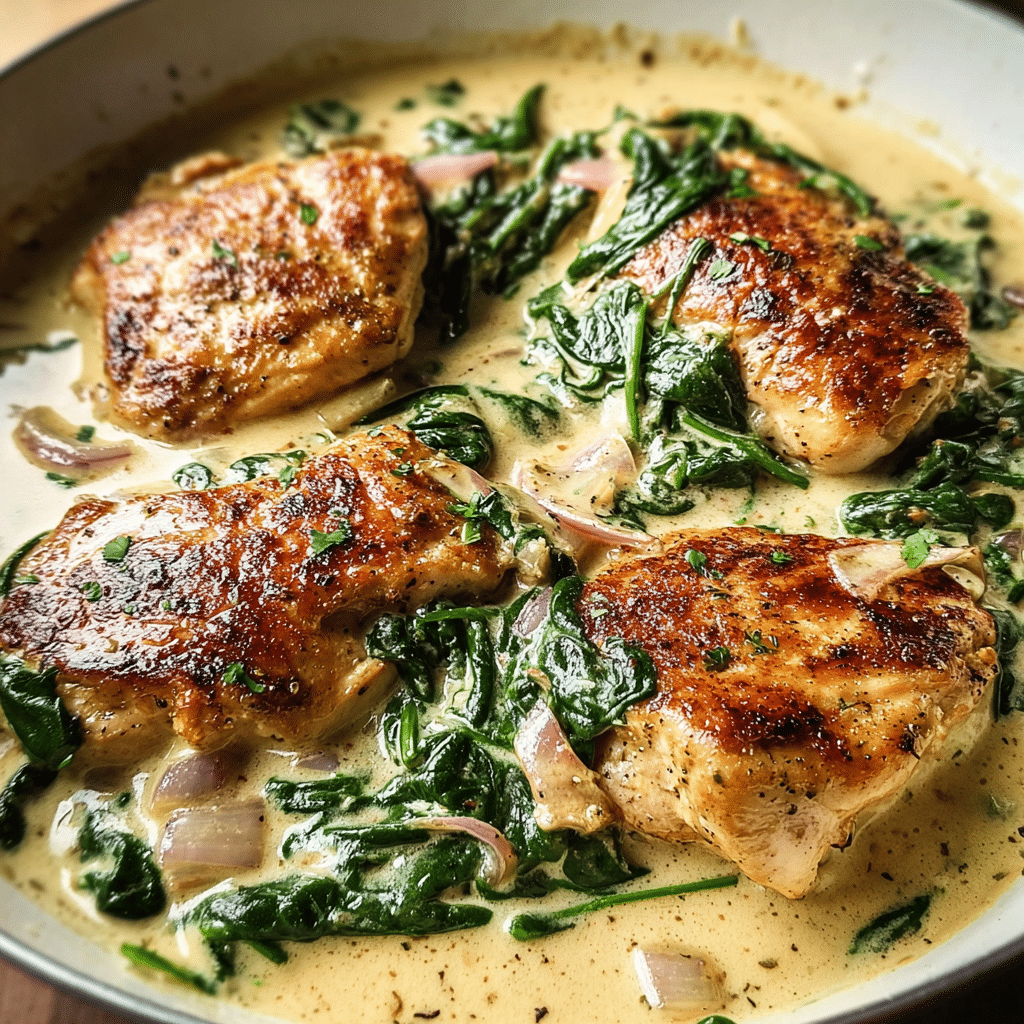 creamy garlic spinach chicken food photograph 1