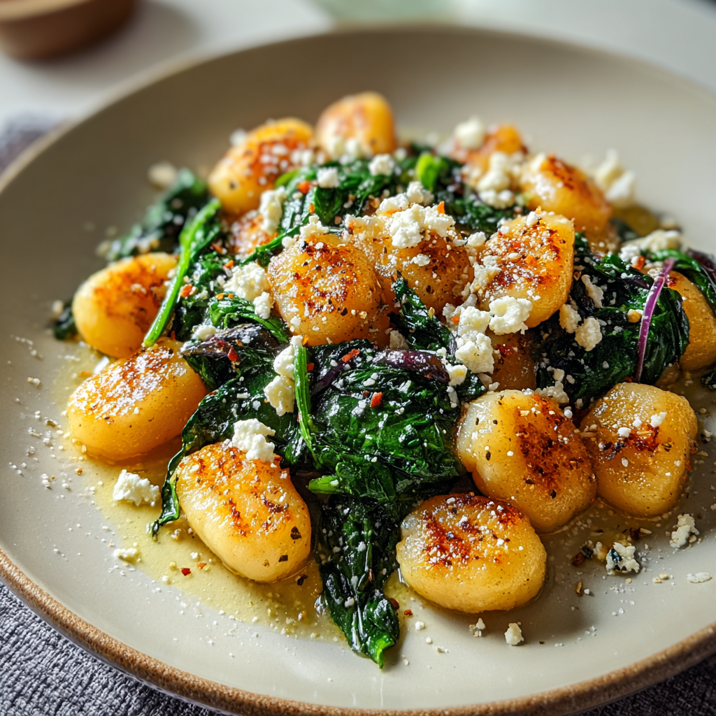 crispy gnocchi spinach feta food photograph 1
