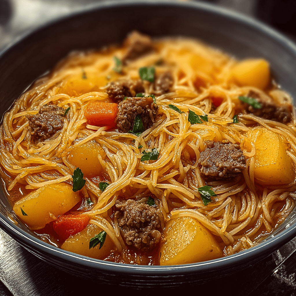 fideo beef potato soup food photograph 2