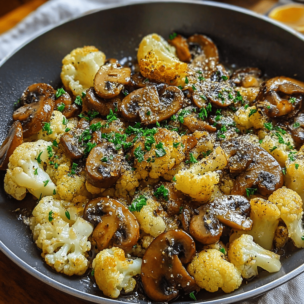 garlic mushroom cauliflower skillet food photograph 1