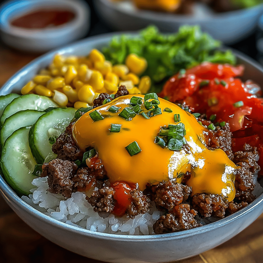 high protein cheeseburger bowls food photograph 3