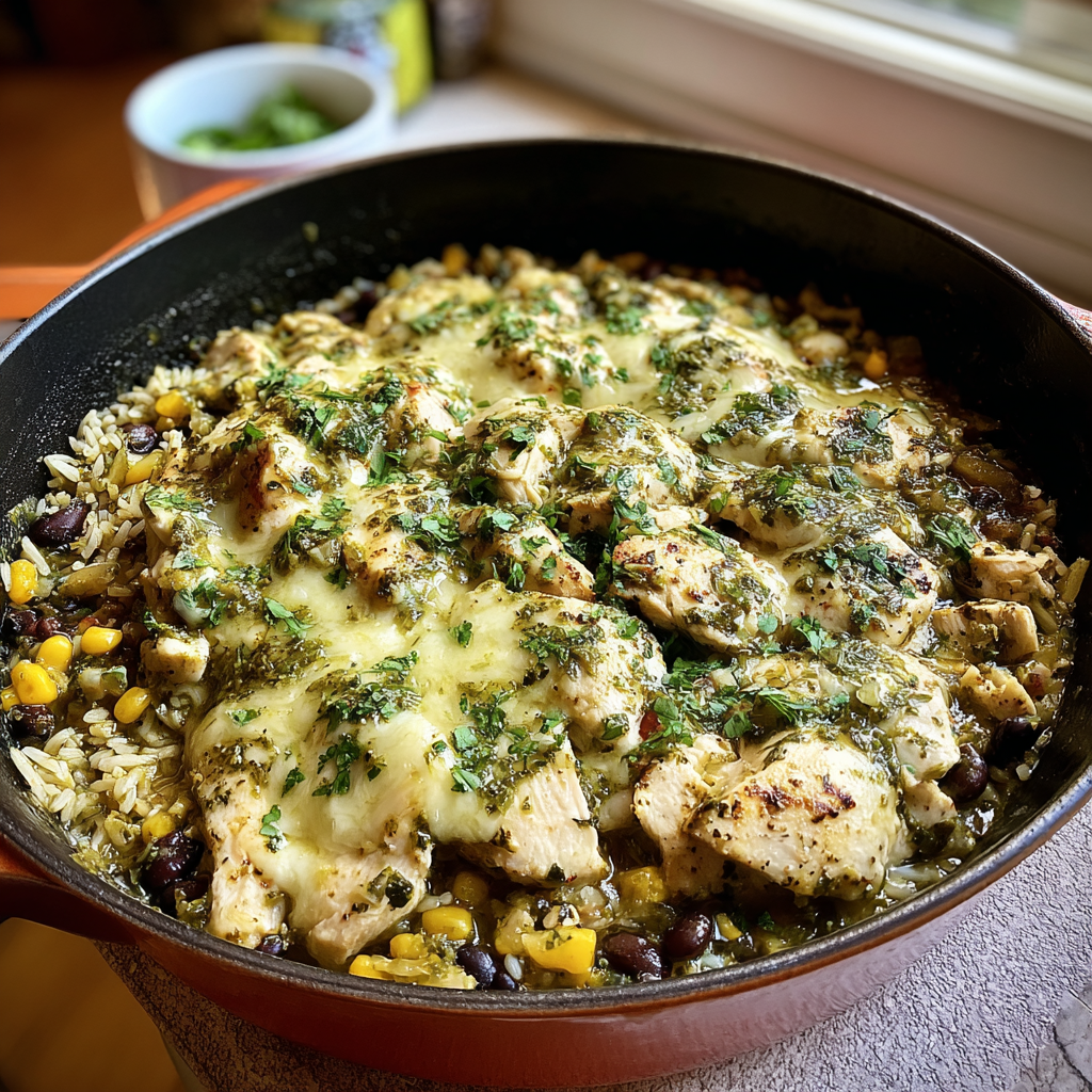 salsa verde chicken skillet food photograph 1