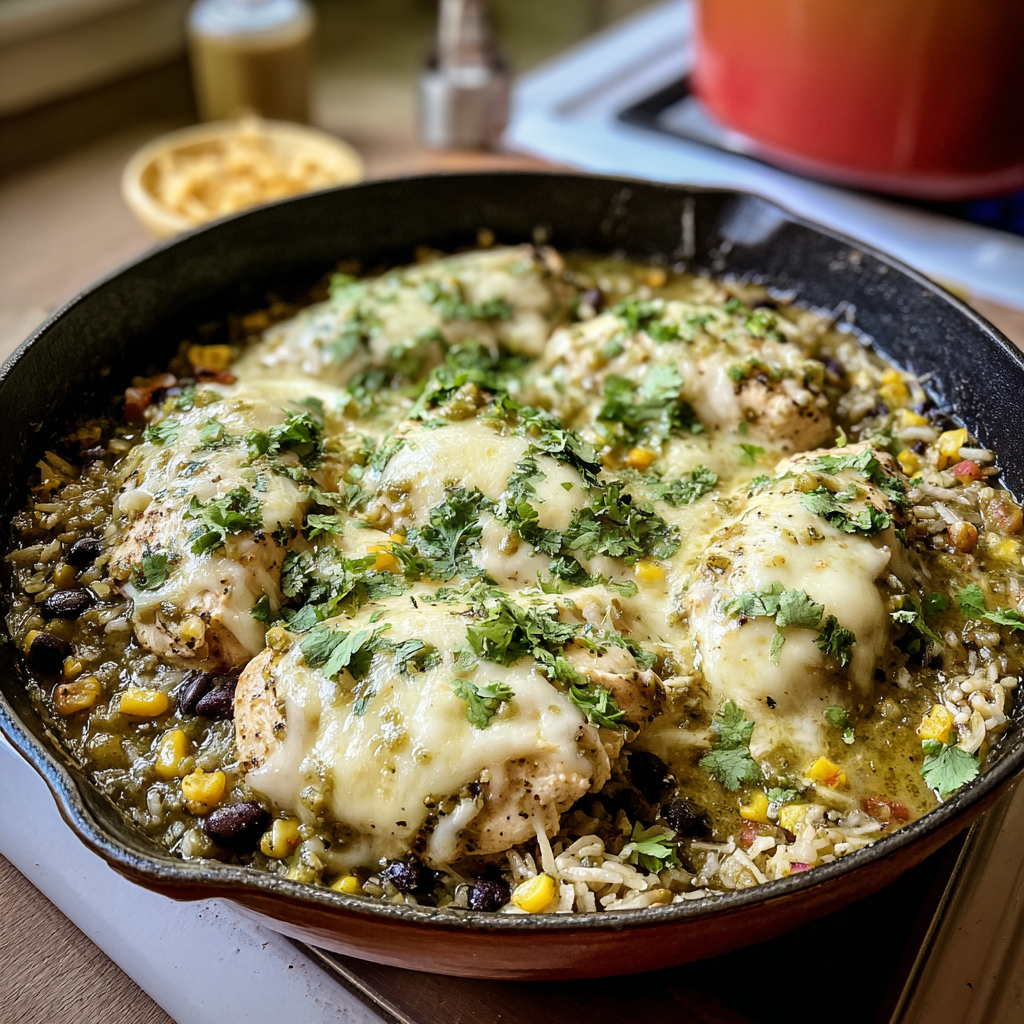 salsa verde chicken skillet food photograph 2