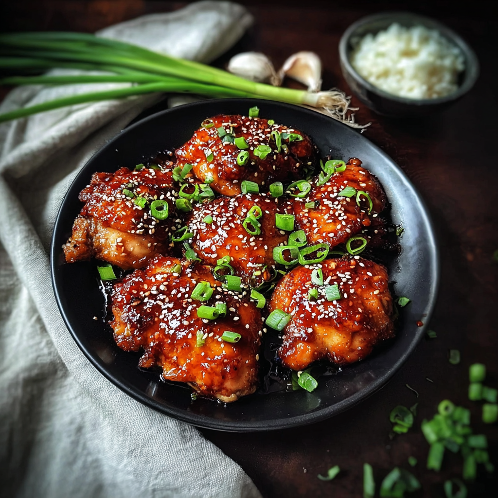 sticky honey gochujang chicken food photograph 1