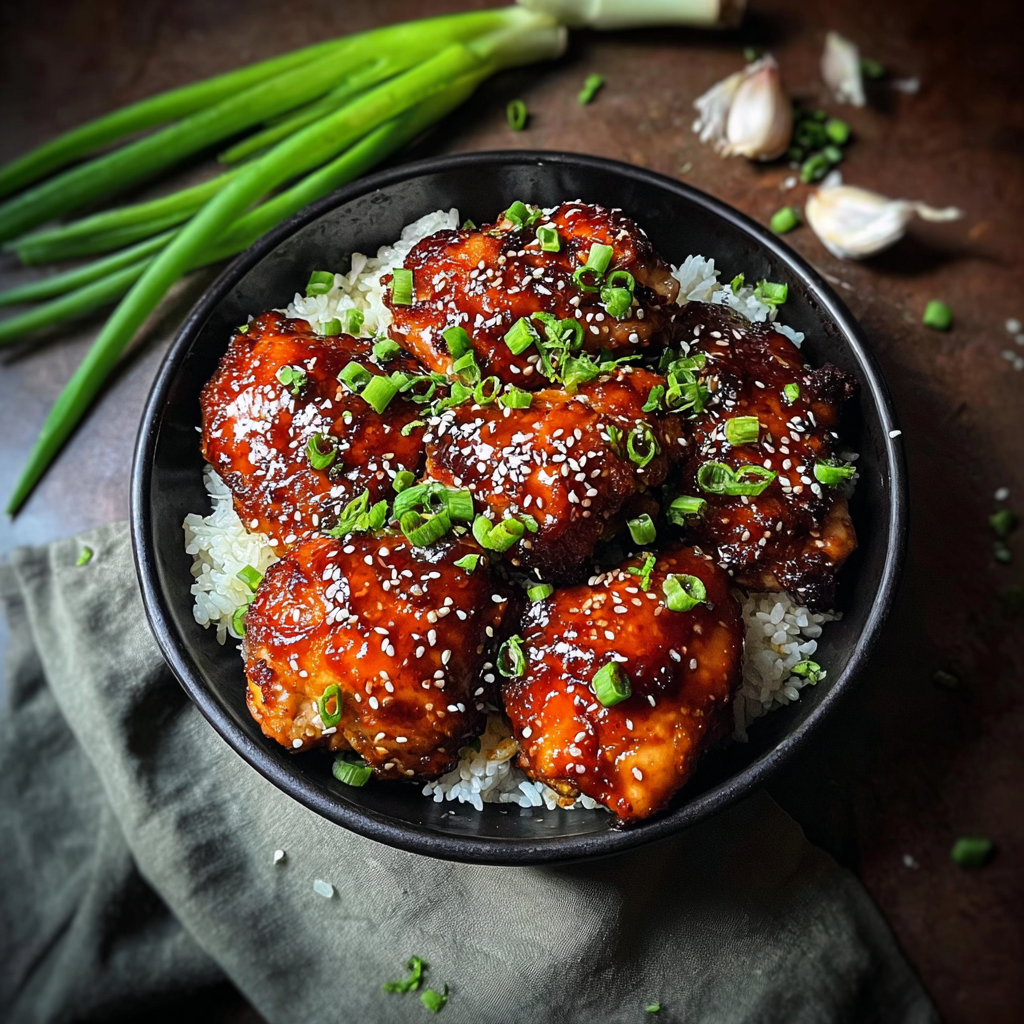sticky honey gochujang chicken food photograph 2