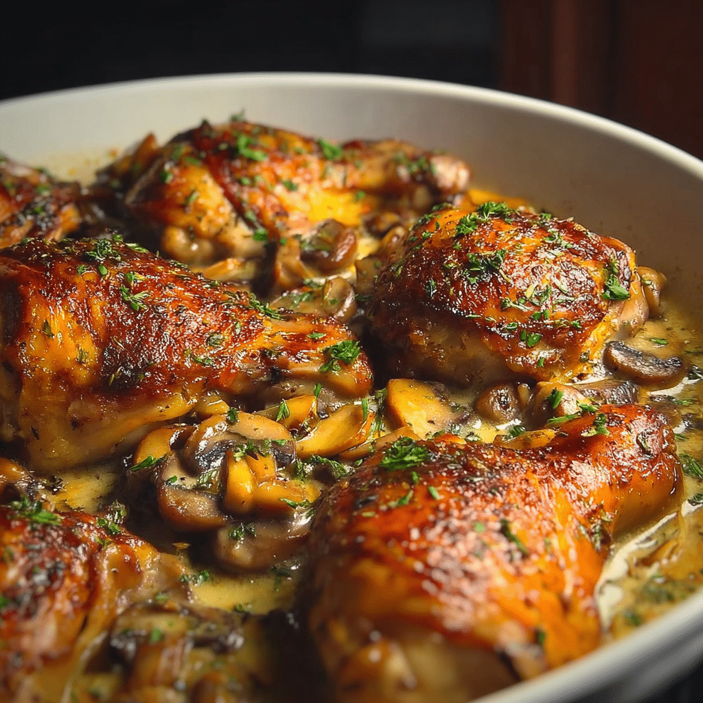 baked chicken mushrooms food photograph 3