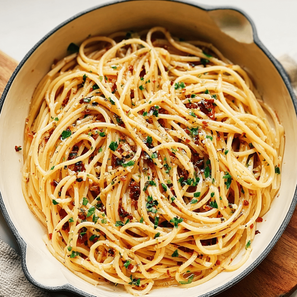 spaghetti aglio olio food photograph 2
