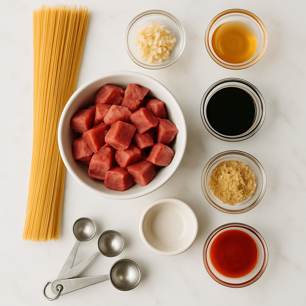 sweet spicy steak pasta ingredients photo