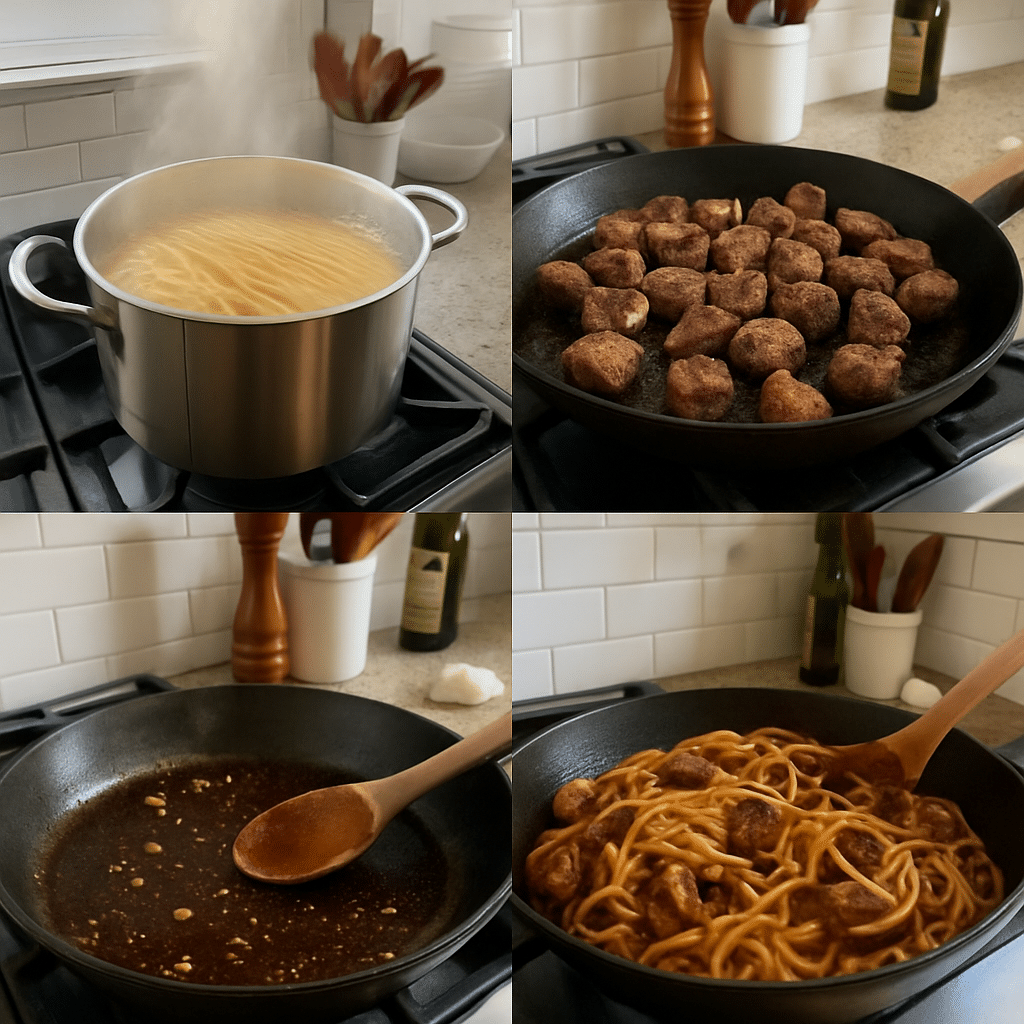 sweet spicy steak pasta process photo