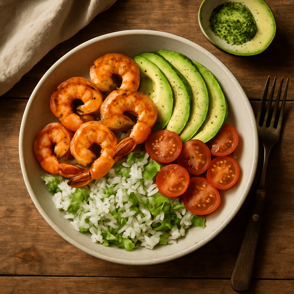 grilled shrimp avocado bowl midjourney photo