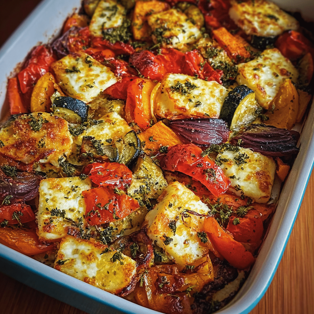 roasted vegetable halloumi bake midjourney photo