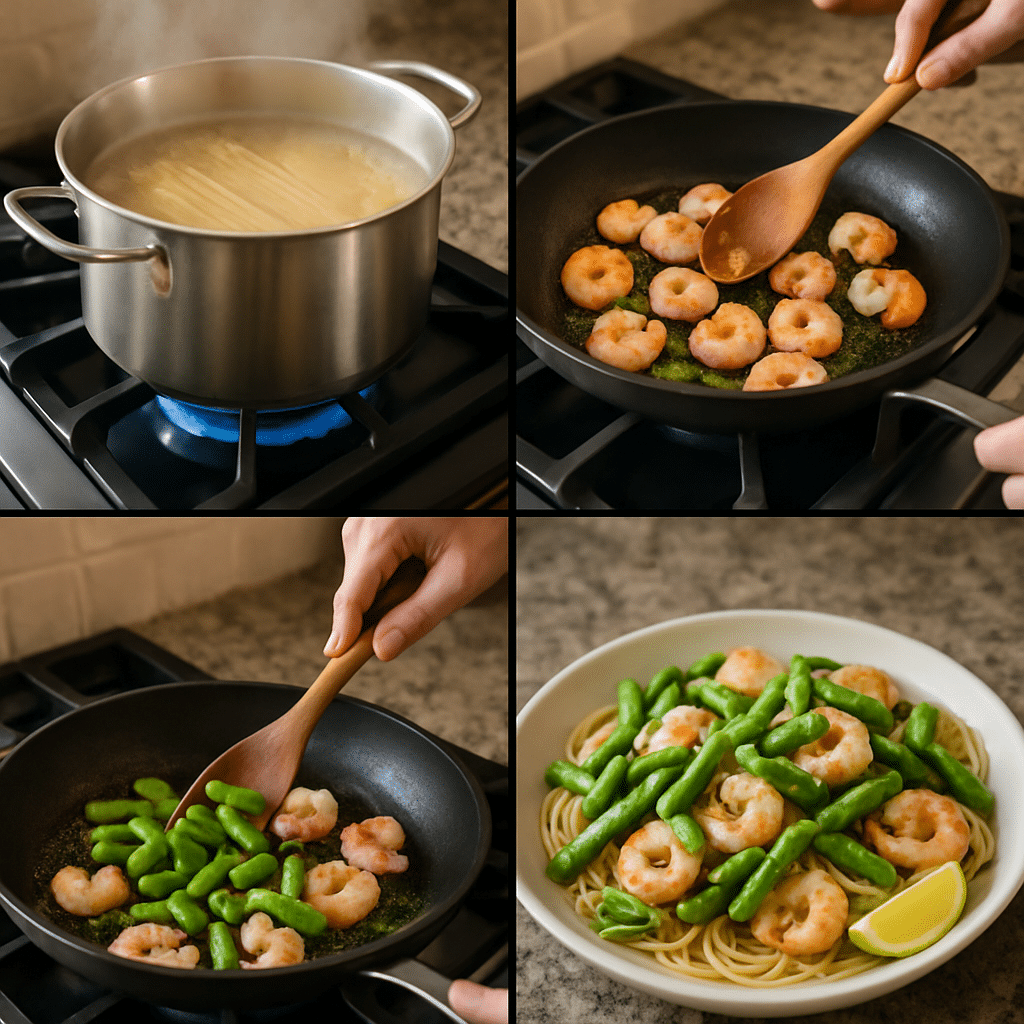 shrimp asparagus lemon pasta process photo