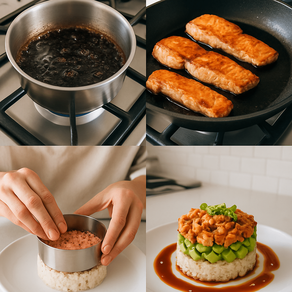 teriyaki salmon avocado stack process photo