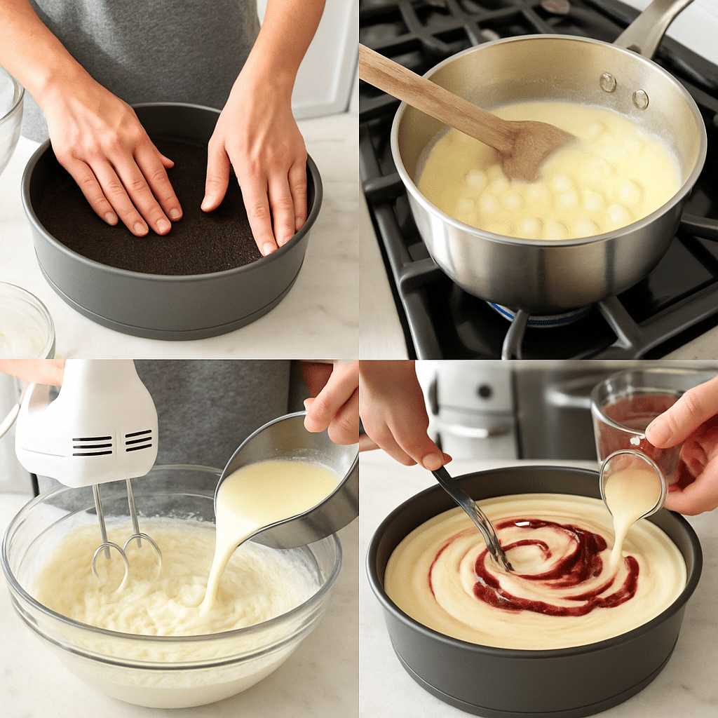 white chocolate raspberry cheesecake process photo