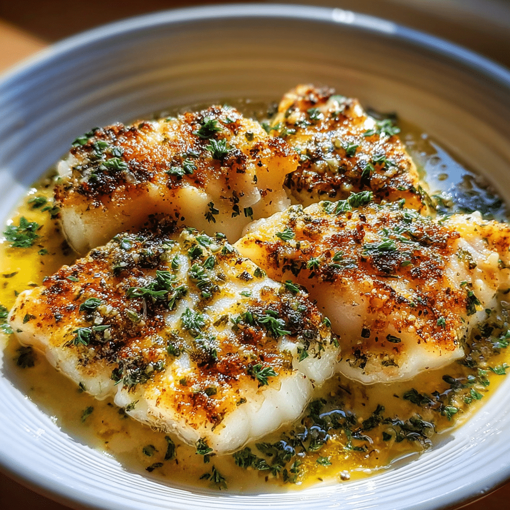 garlic butter baked cod midjourney photo